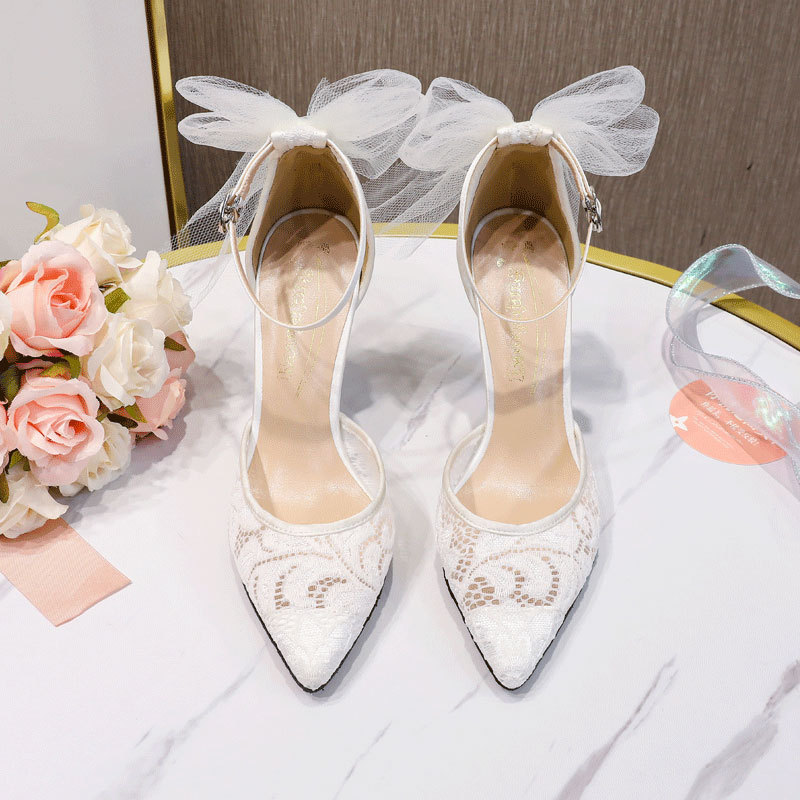 Ivory Satin and Lace Pointed Toe Court Shoes