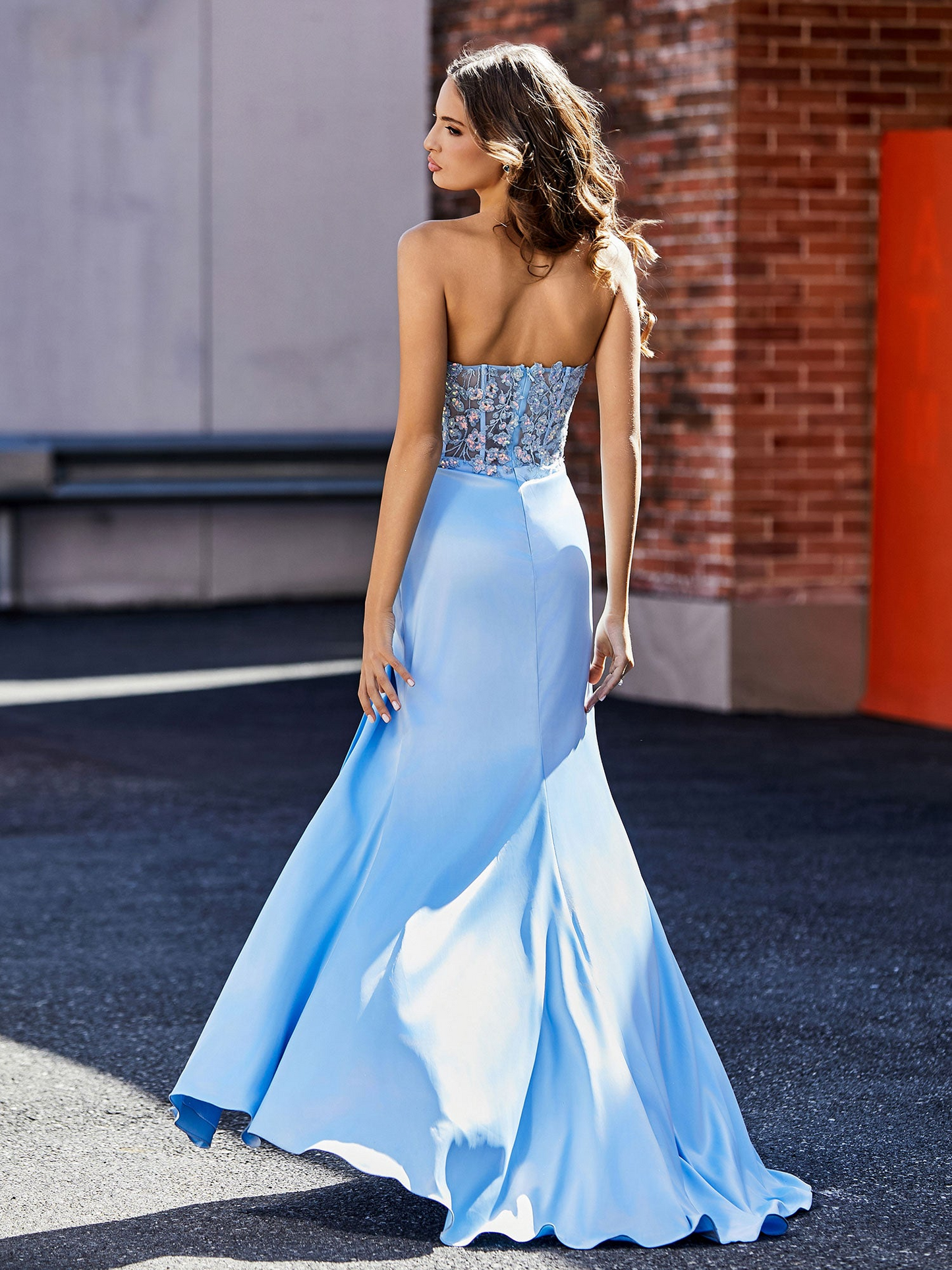 SkyBlue Strapless Lace Up Back Prom Dress