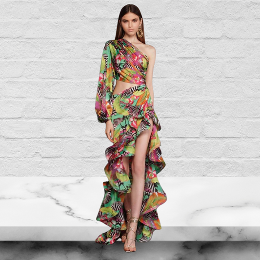 One Shoulder Ruffle Cut out Floral Printed Dress