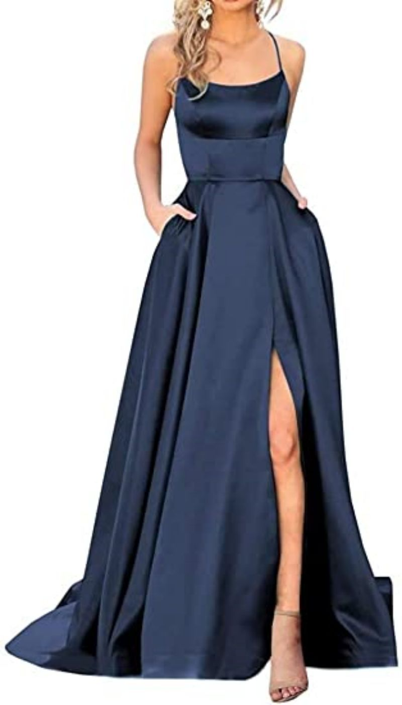 A-Line Spaghetti Strap Sleeveless Long Slit Maxi Dress