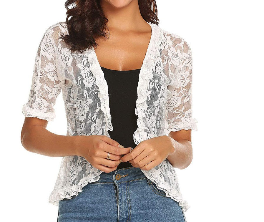 Floral Lace Half Sleeves Casual Shawl