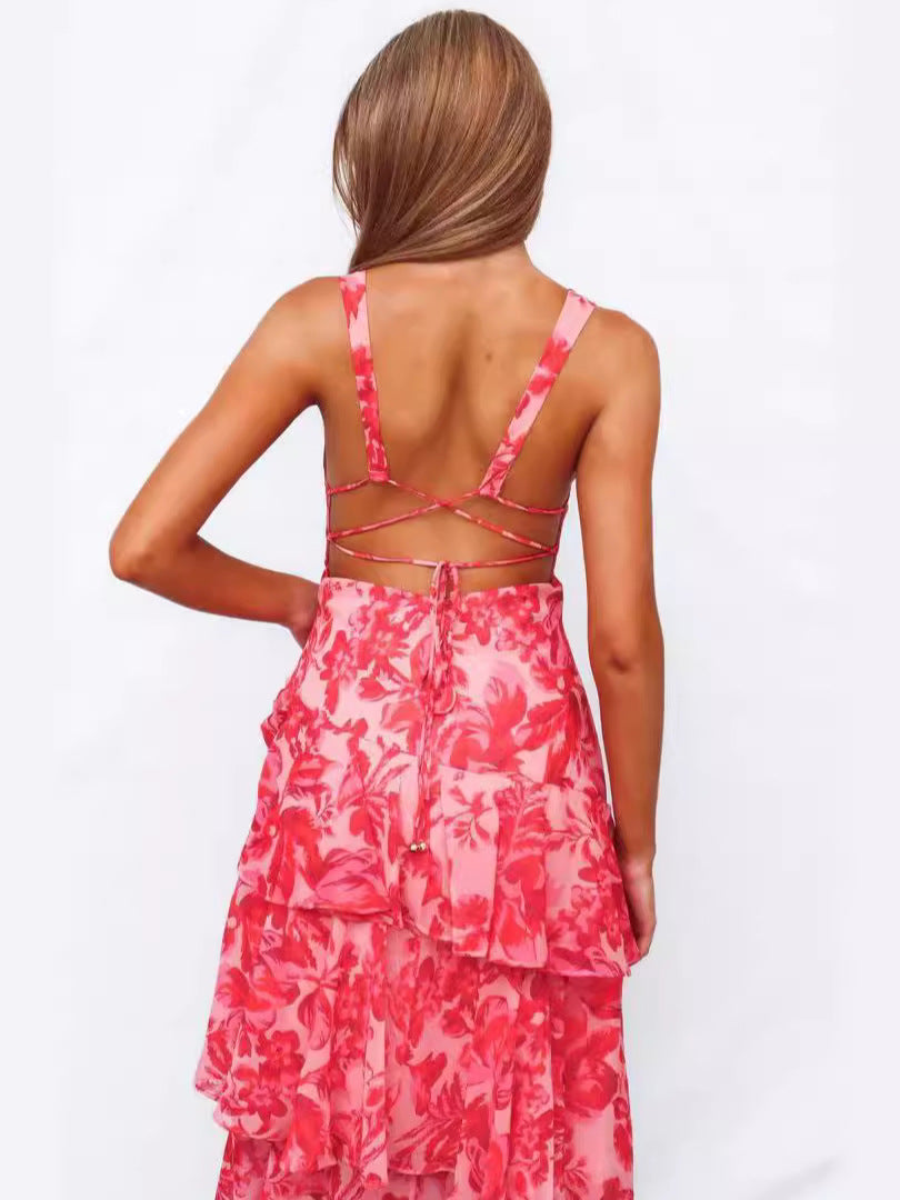 Floral Cutout Back Ruffle Detail Casual Dress