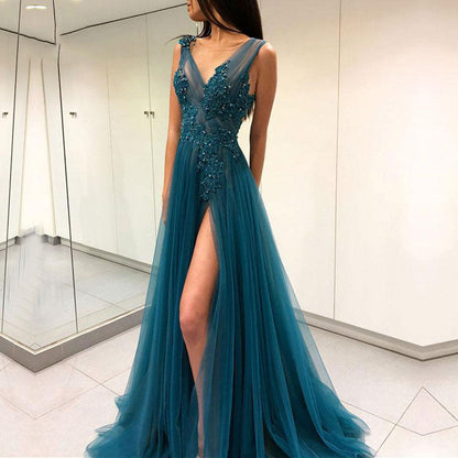 Deep V-Neck Fluffy Gauze Pleated Long Evening Dress