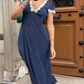 The Navy V Neck Polka Dot Lace Ruched Maxi Dress