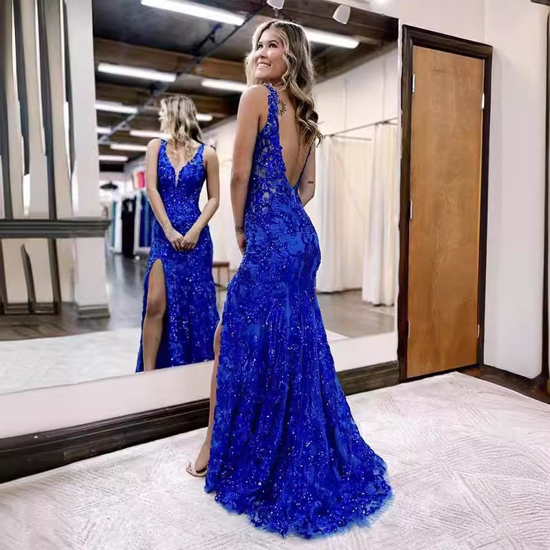 Column V-neck Sleeveless Brush Train Prom Dress