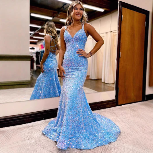 Velvet Sequins Ruched V-neck Sleeveless Sweep Train Prom Dress