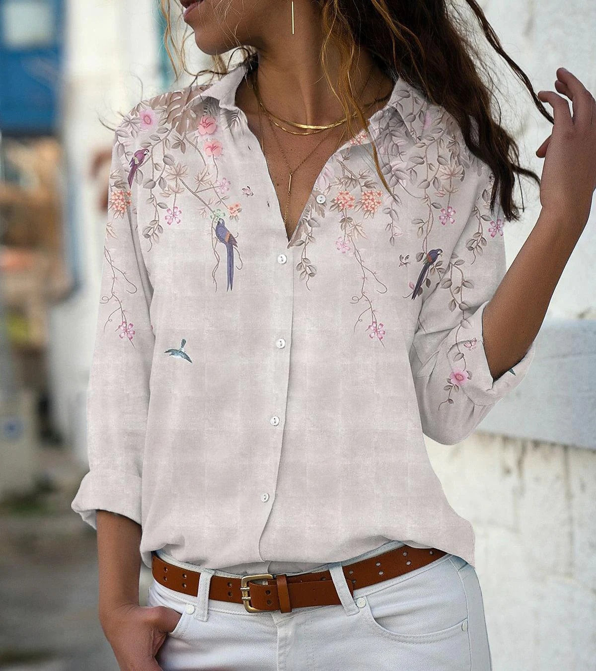 Women's Floral Print Button Long Sleeve Shirt Blouse