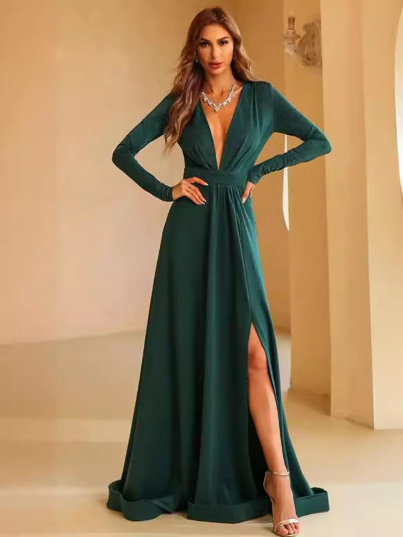 V-neck Long Sleeve Split Maxi Party Dress