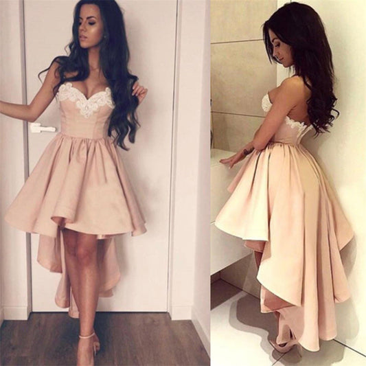 Bisque Satin Lace Applique Short Prom Dress