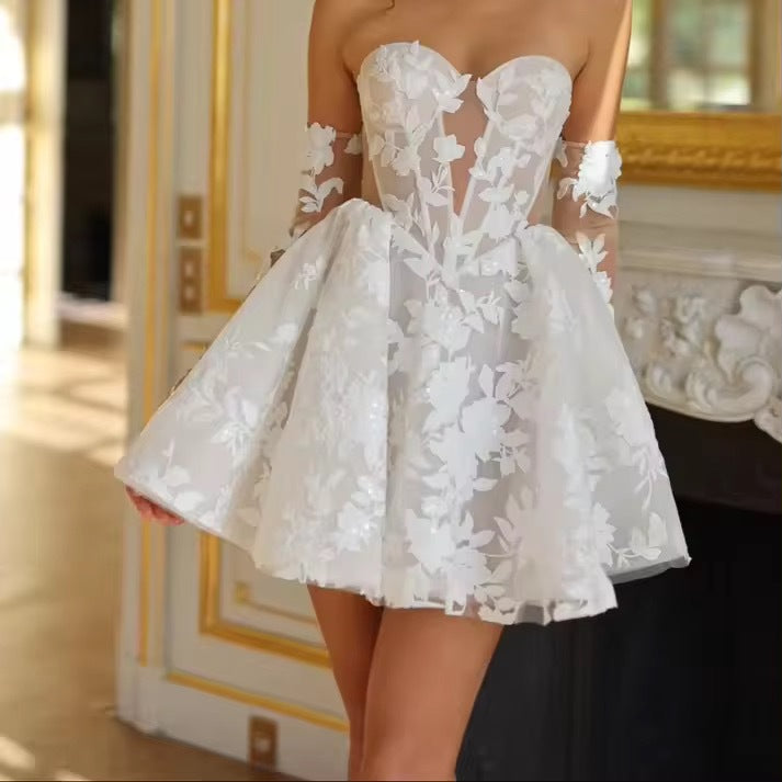 Sweetheart Neck Half Sleeves Mini Wedding Dress