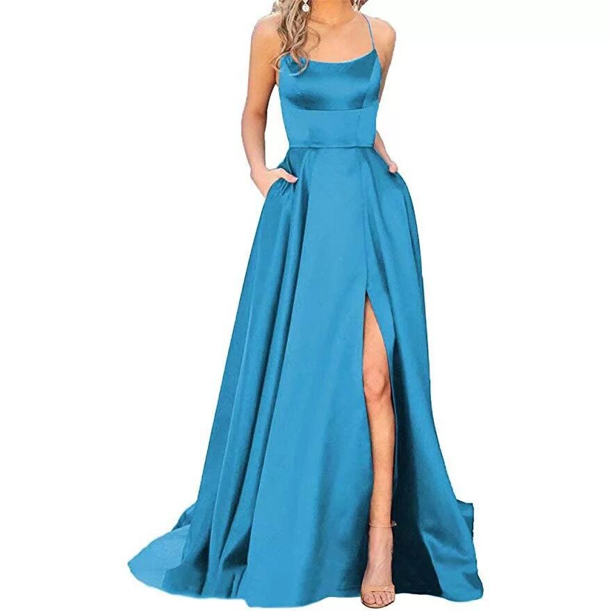 A-Line Spaghetti Strap Sleeveless Long Slit Maxi Dress