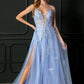 Deep V-neck Tulle Applique Sleeveless Brush Train Prom Dress