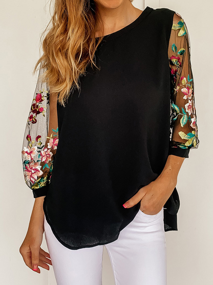 Black Floral Lace Puff Sleeves Top