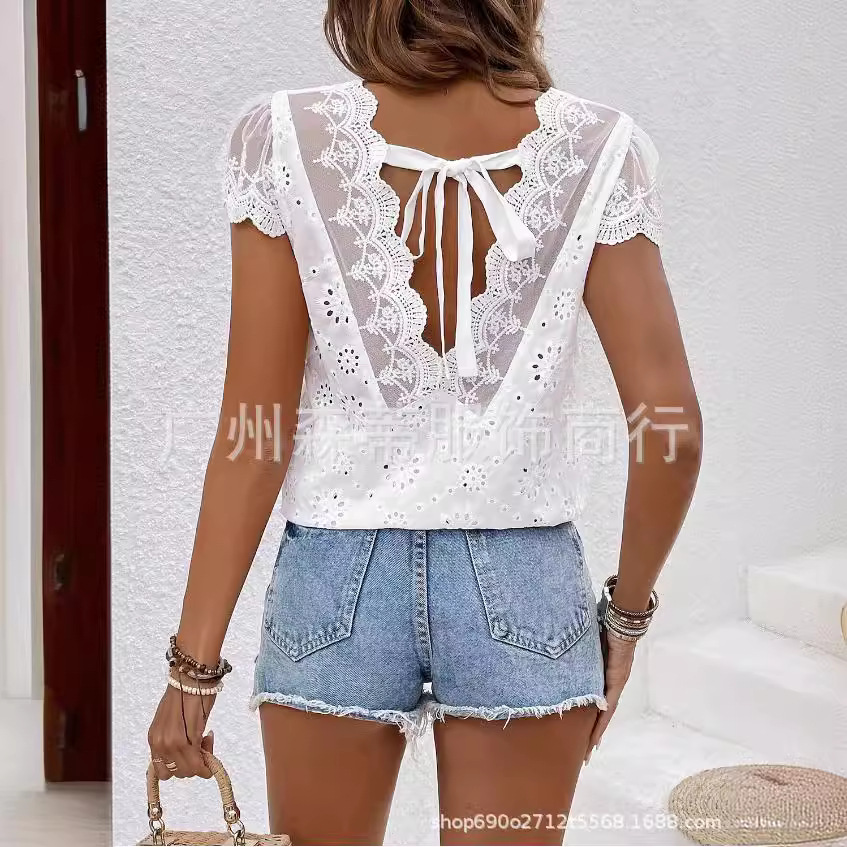 White Lace Backless Short Sleeves Top