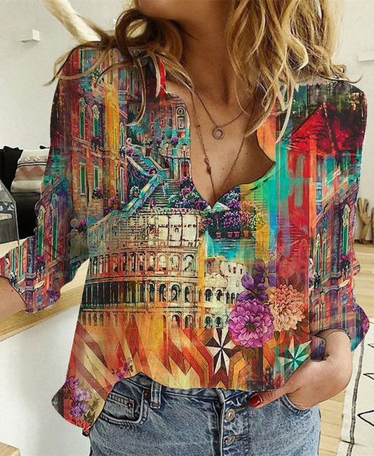 Floral Printed Long Sleeves V Neck Top