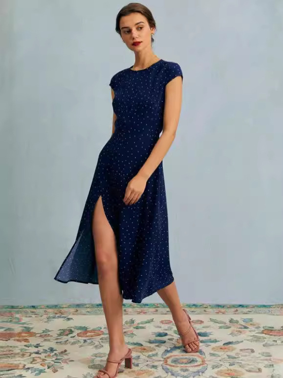 The Navy Round Neck Polka Dot Cutout Midi Dress