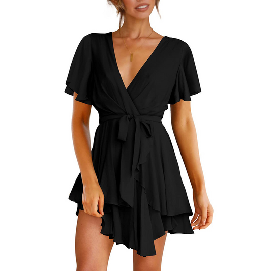 Deep V Neck Angle Sleeves Mini Dress