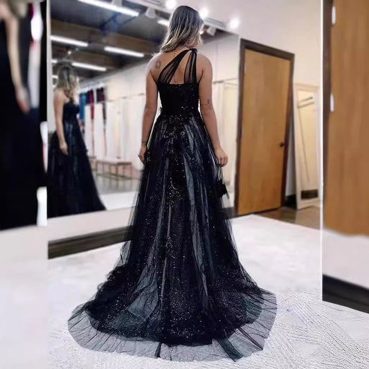 A-Line One-Shoulder Tulle Applique Sleeveless Brush Train Prom Dress