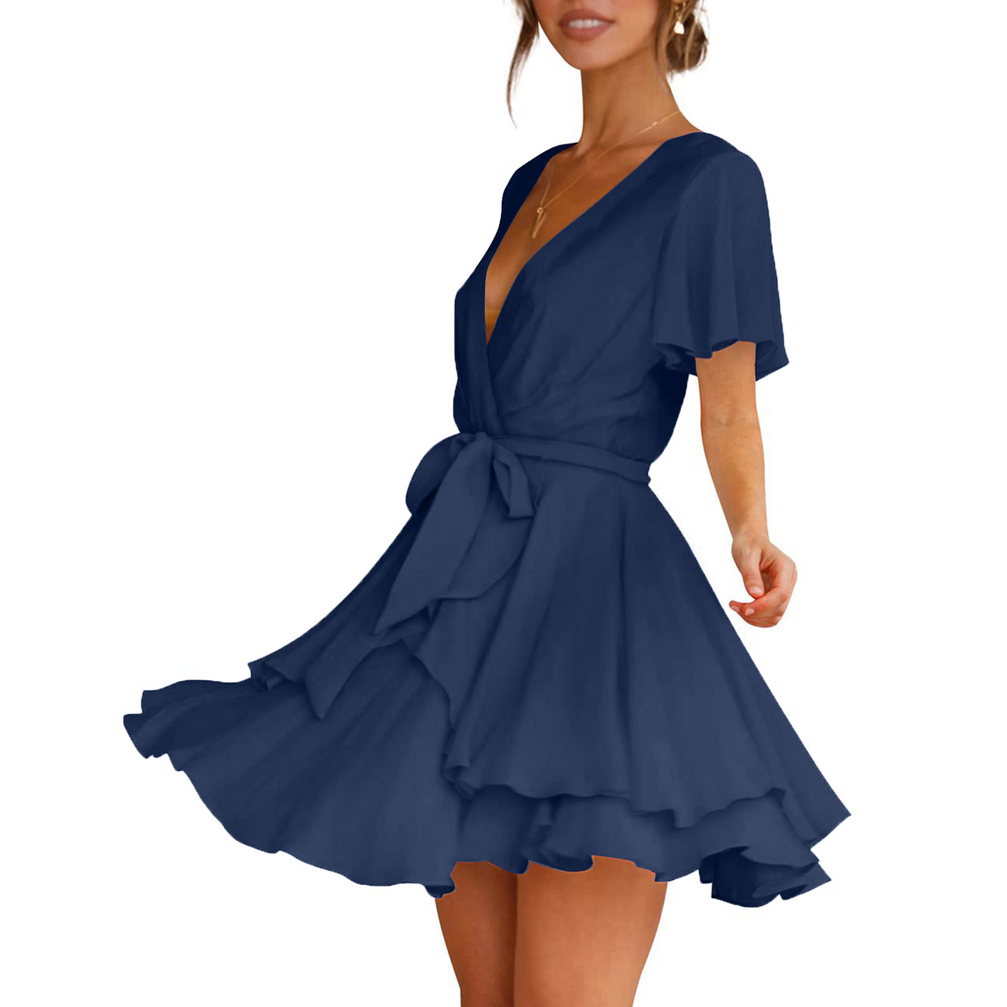 Deep V Neck Angle Sleeves Mini Dress