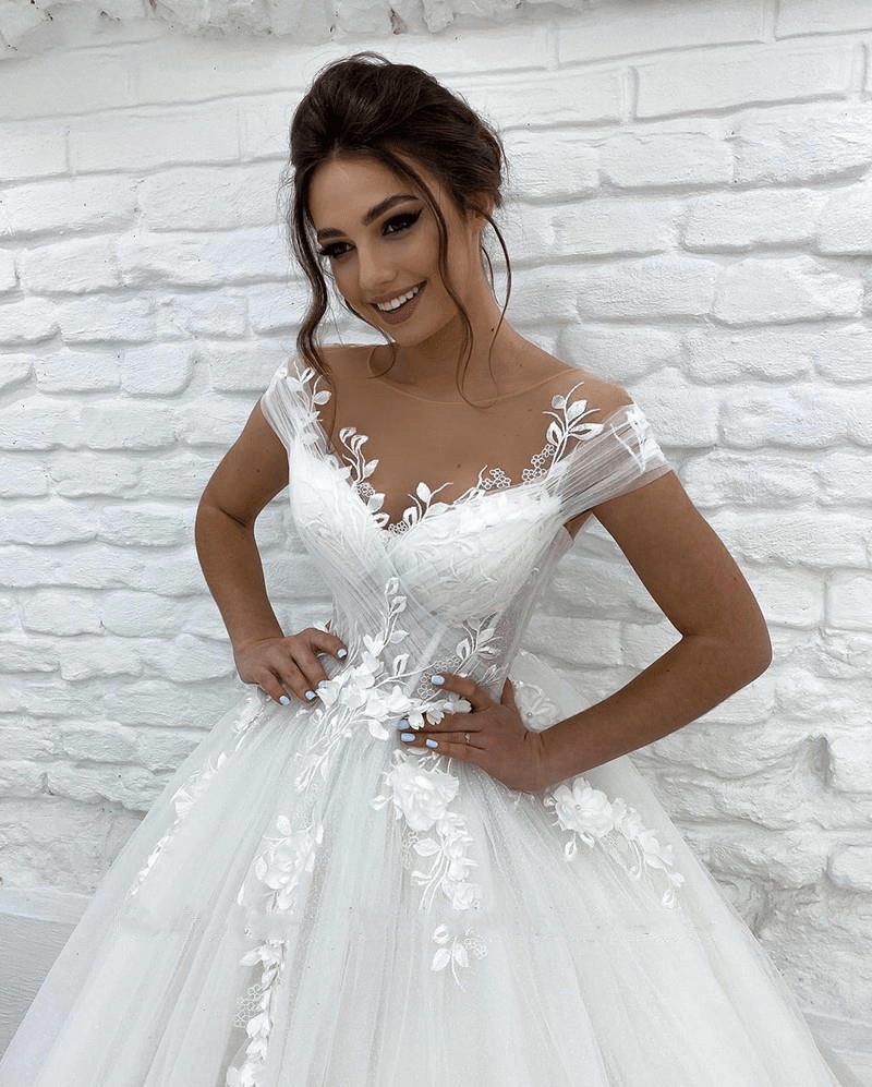 A-Line Lace Scoop Short Sleeves Brush Train Princess Wedding Dress