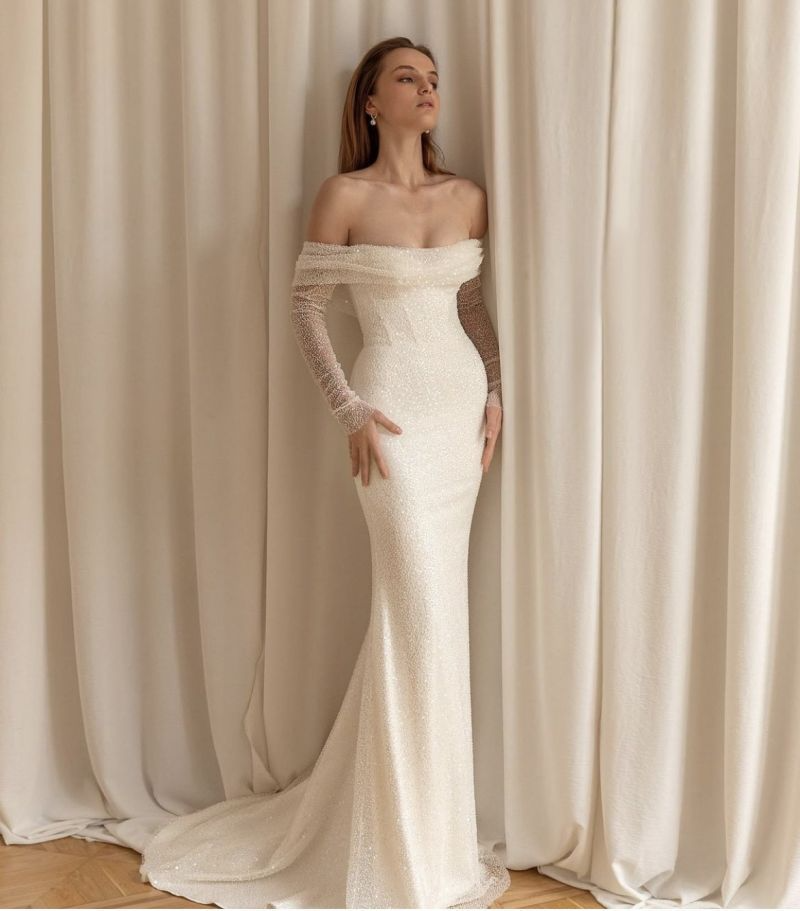 Sequined Off-The-Shoulder Long Sleeves Wedding Dress