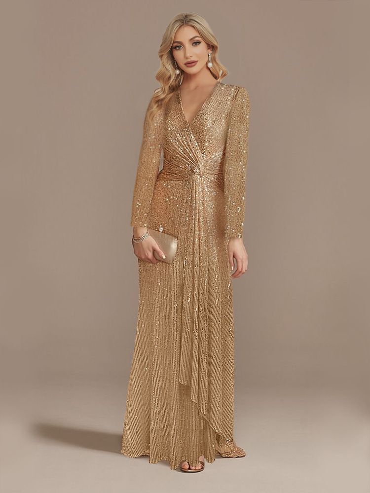 Long Sleeve V Neck Sequined Evening Dress