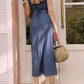 The Navy V Neck Polka Dot Lace Ruched Maxi Dress