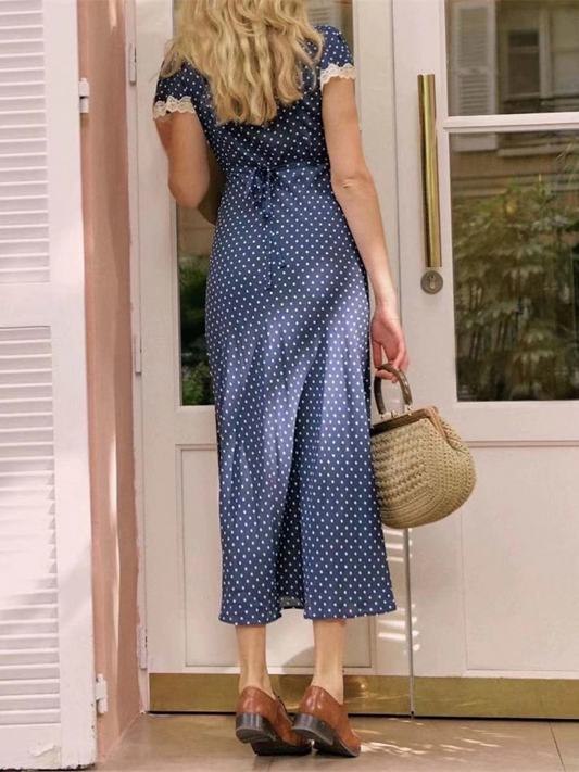 The Navy V Neck Polka Dot Lace Ruched Maxi Dress