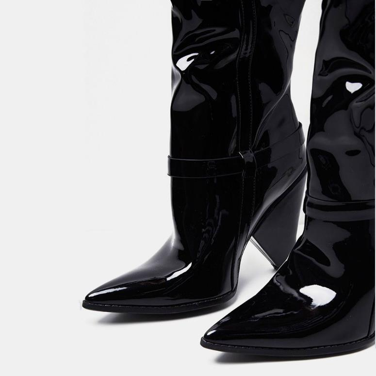 Black Bright Patent Leather Cone Heel Thigh High Boots