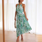 Light Cyan Floral Printed Cutout Neck Pleated Maxi Dress