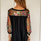 Black Floral Lace Puff Sleeves Top