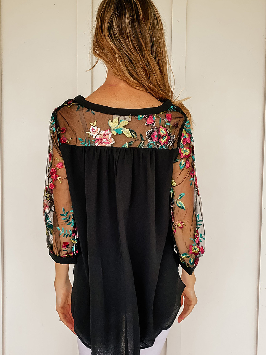 Black Floral Lace Puff Sleeves Top