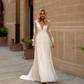 A-Line V-Neck Sheer Lace Sleeves Lace Wedding Dress With Split Front