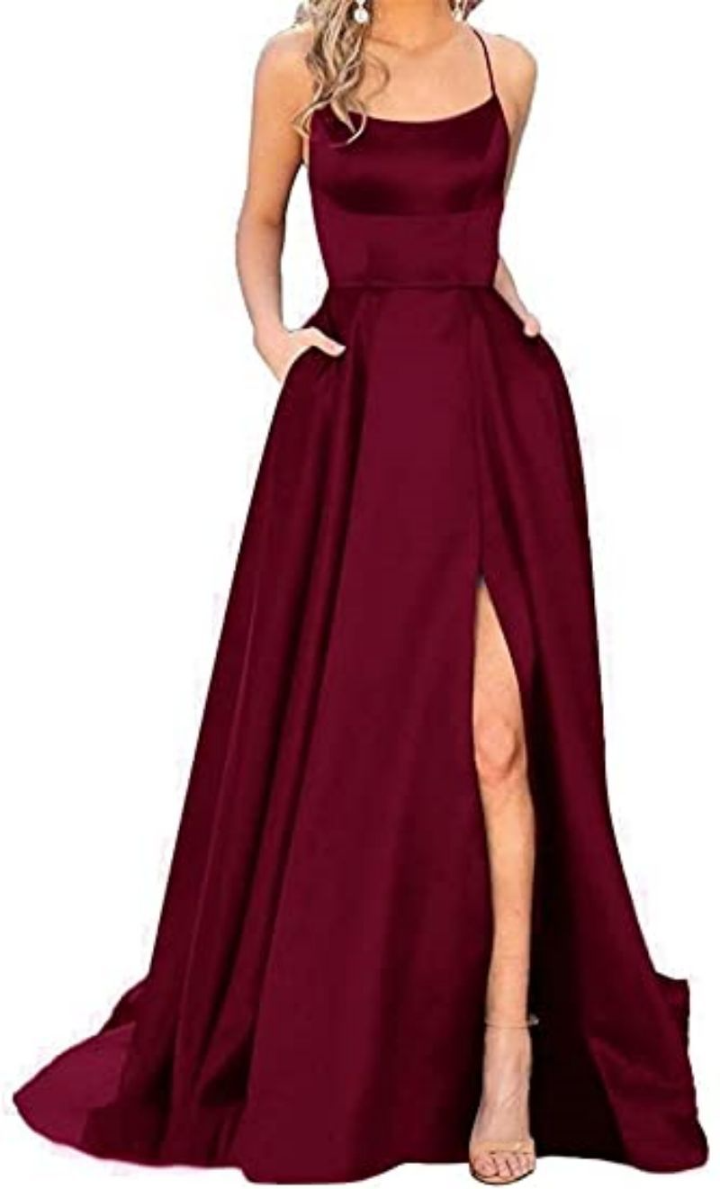 A-Line Spaghetti Strap Sleeveless Long Slit Maxi Dress