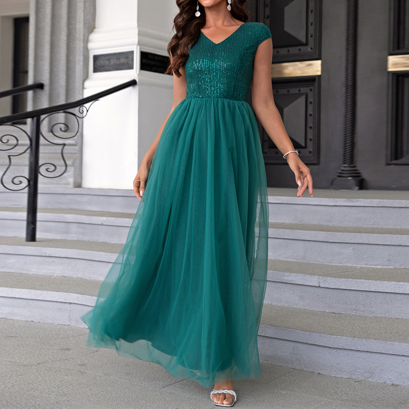 Cap-sleeved V Neck A-line Tulle Dress