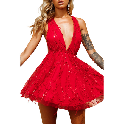 Deep V Sleeveless Sequin Mini Dress