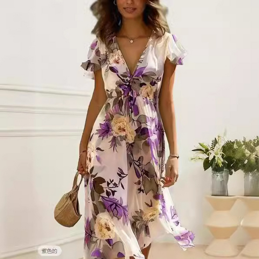 Deep V Neck Floral Printed Short Sleeves Maxi Dress