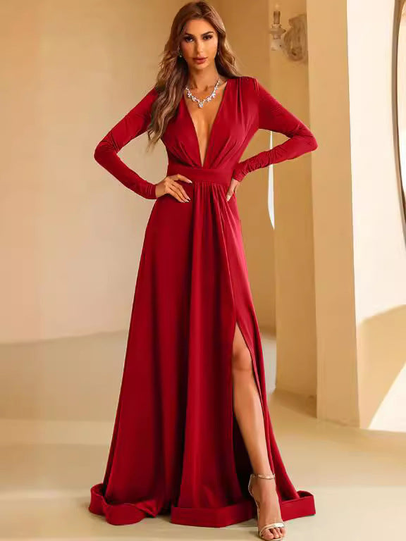 V-neck Long Sleeve Split Maxi Party Dress