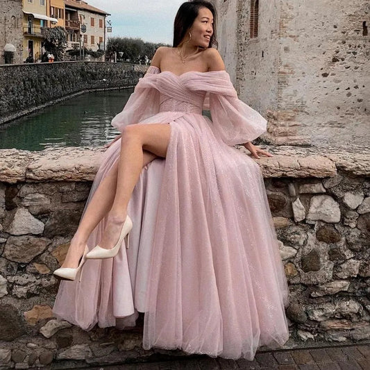 Princess Ruched Off-the-Shoulder Long Sleeves Tulle Brush Train Prom Dress