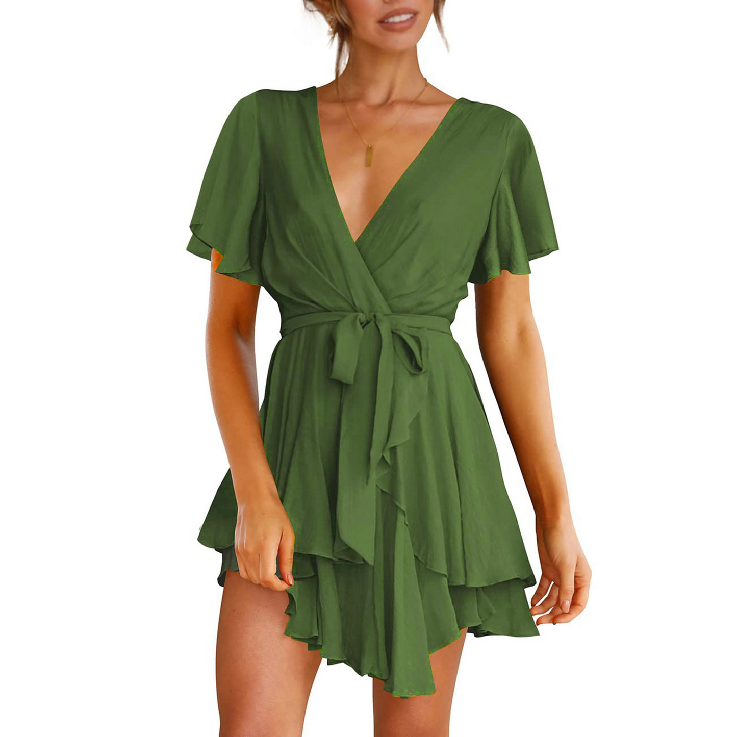 Deep V Neck Angle Sleeves Mini Dress