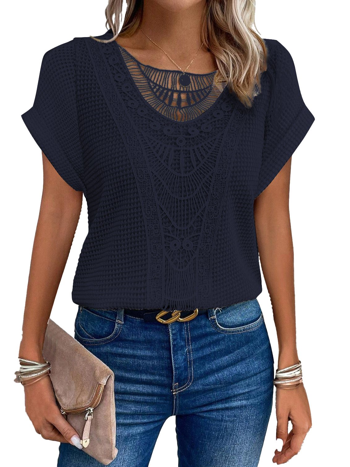 Lace Short Sleeves Crew Neck Top