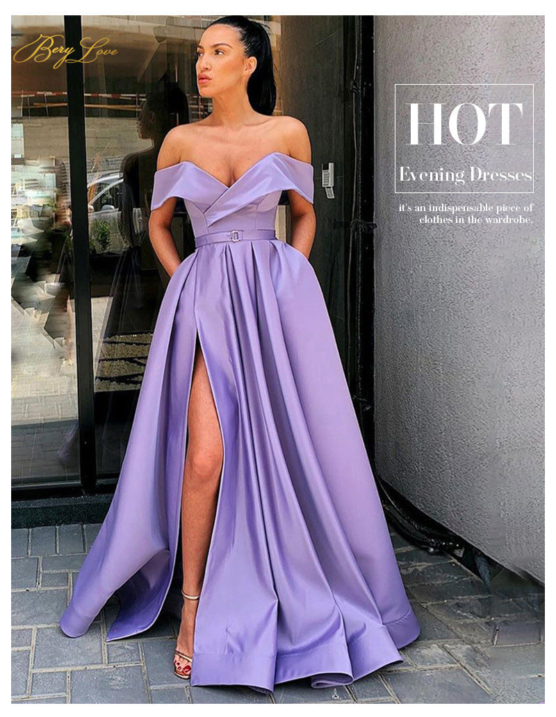 Off Shoulder Sleeveless Split Long Prom Dress