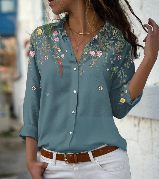 Women's Floral Print Button Long Sleeve Shirt Blouse