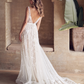 A-Line V Neck Tulle Lace Sweep Train Wedding Dress With Appliques Lace