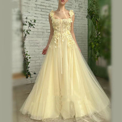 Light Yellow Lace Embroidered Banquet Prom Dress