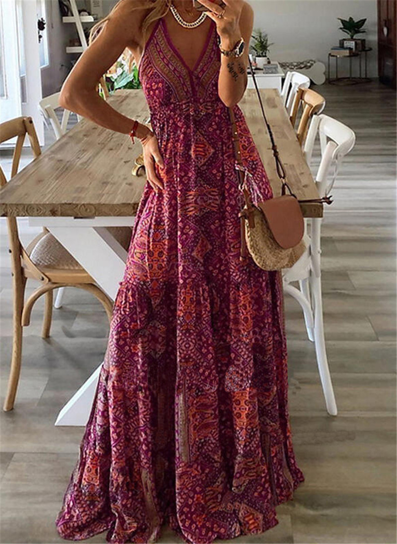 Floral Printed V Neck Sleeveless Casual Maxi Dress