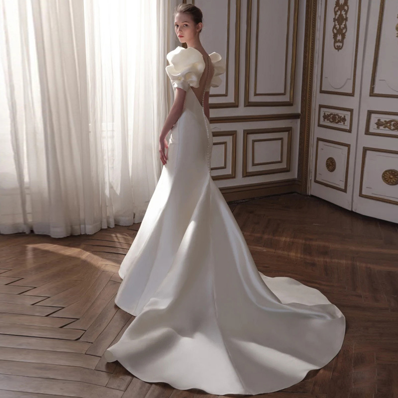 Mermaid Elegant Long Sleeves Court Train Satin Wedding Dress