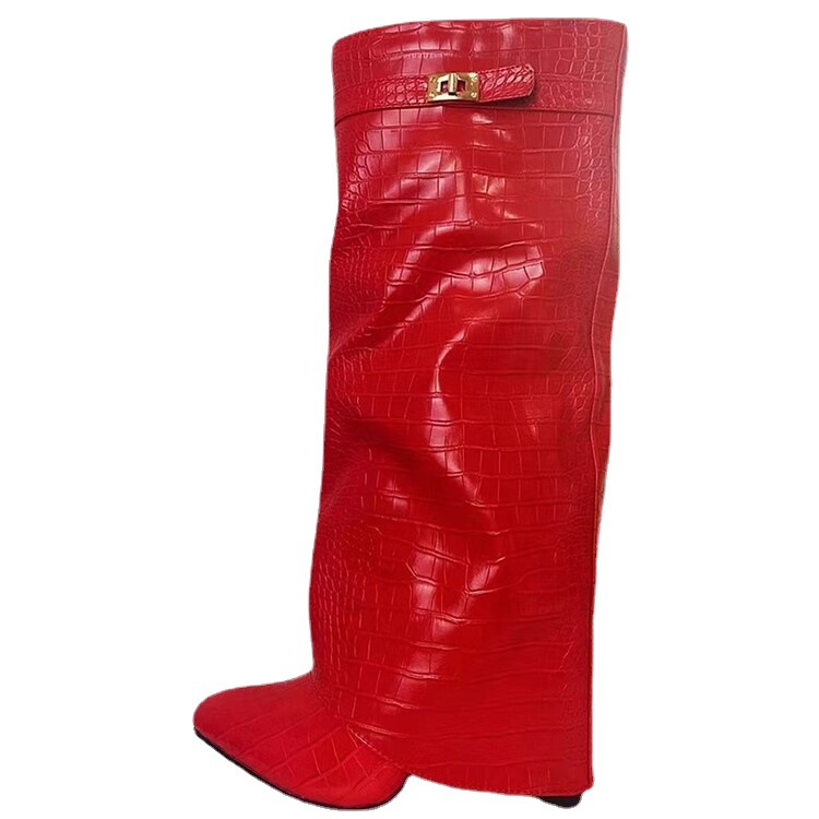 Croc Pattern Wide Calf Heeled Mental Details Boots