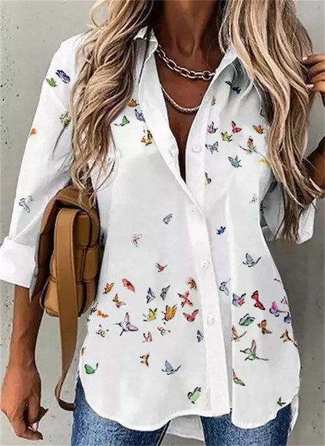 White Butterfly Printed Buttoned Front Shirt