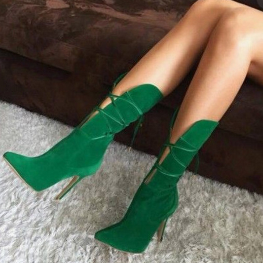 Women Pointed Toe Lace Up High Heel Boots